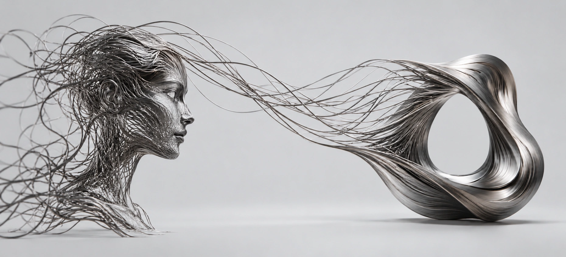 Conceptual filament profile flowing into a solid sculptural form, imagining discovery becoming physical reality